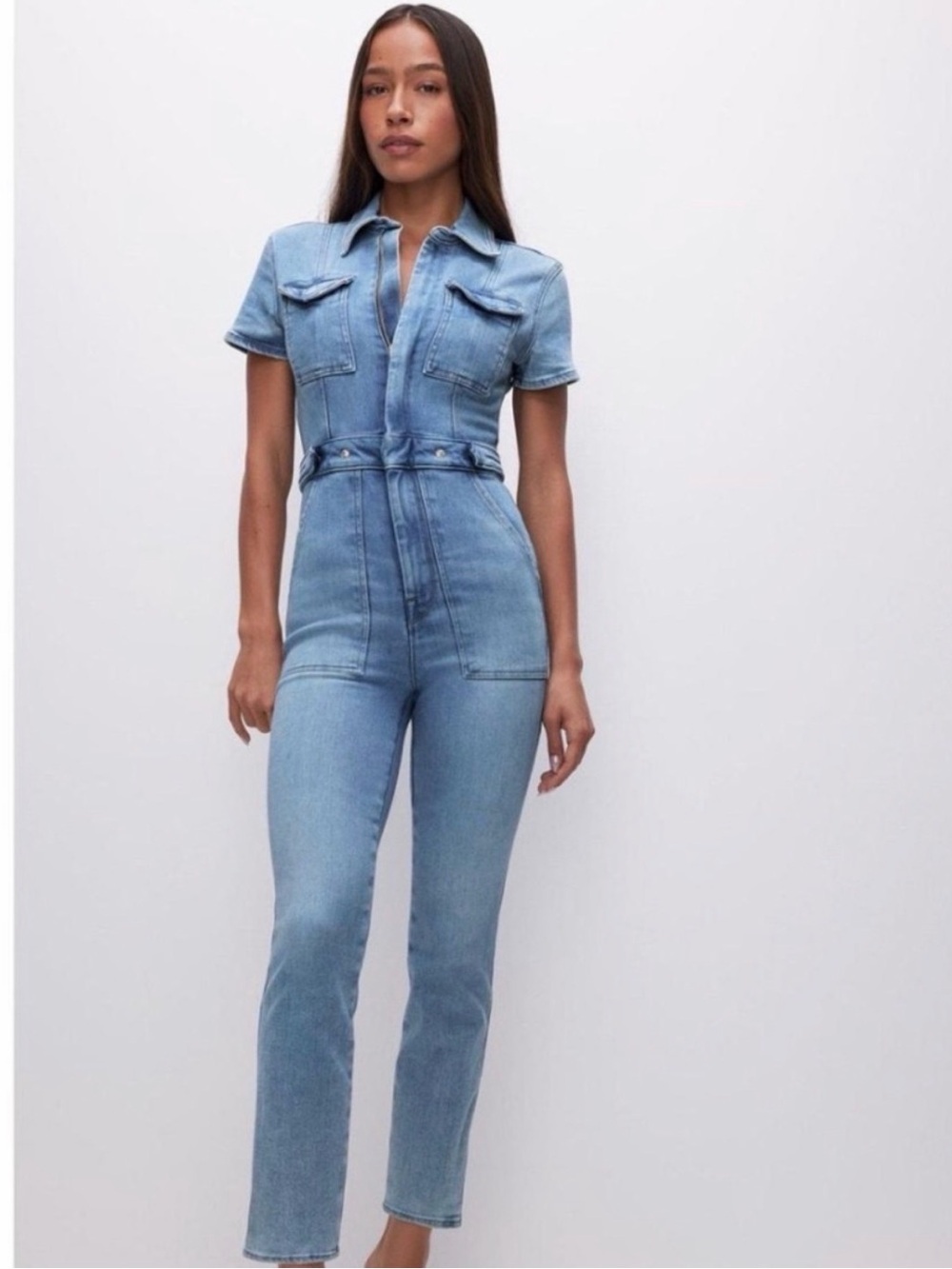 Good American Light Blue Short Sleeve Denim Jumpsuit